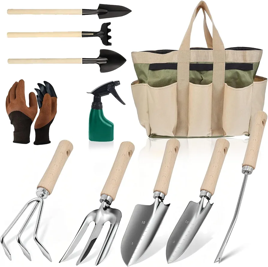 MOXTOYU Lot de 11 outils de jardinage robustes avec sac à outils de jardin, cadeau de jardinage, kit de jardinage en acier inoxydable, outils à main de jardin pour homme, femme, jardinier