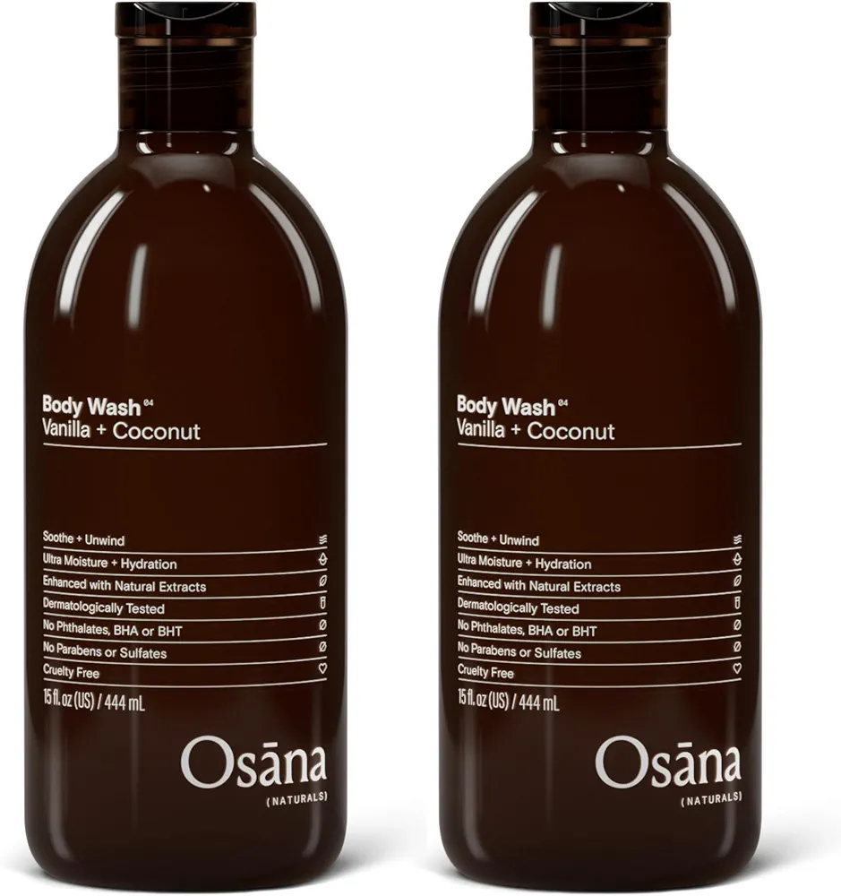 Osana Body Wash to Hydrate, Refresh and Reinvigorate Skin, Enhanced Fruit Extract & Natural Ingredients, Vanilla & Coconut Scented, 15oz Dual Pack