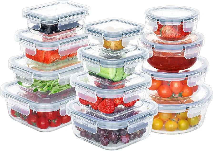 BAYZZ Glass Food Storage Containers Set, 24 Pieces Airtight Glass Meal Prep Containers with Lids,Microwave and Freezer Safe