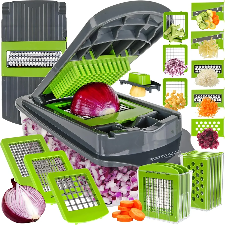 Bartnelli Vegetable Chopper Food Slicer Pro | 15 Pc MultiFuctional Kitchen Gadgets for Onion, Veggie, Cheese Grater, Vegetables Cutter With Large Container, Easy to Clean, With Bonus Brush and Fork