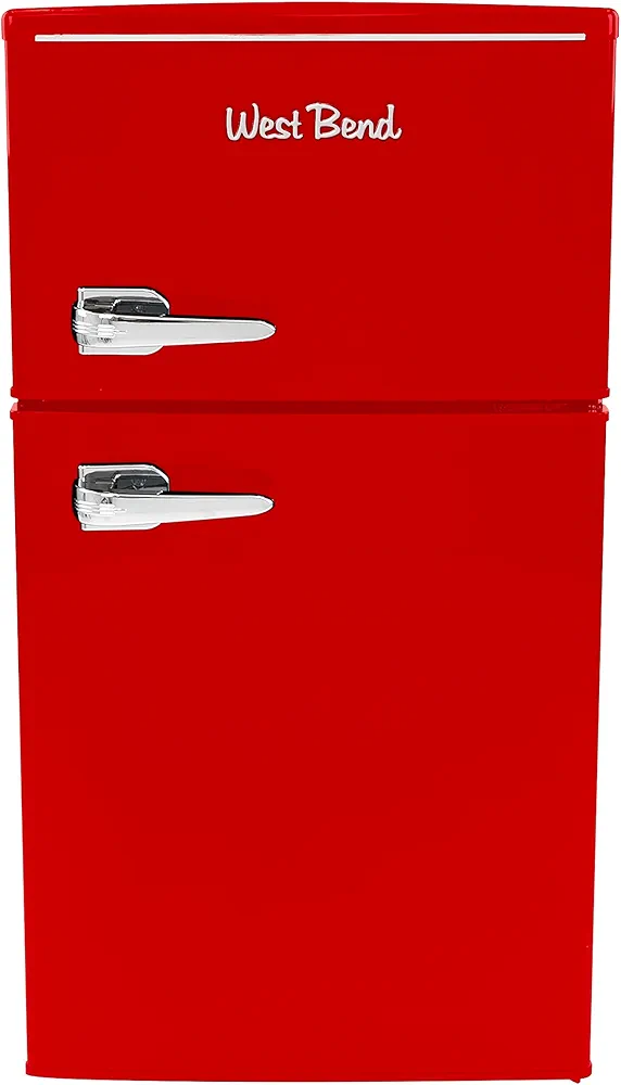 West Bend Mini Fridge with Freezer Retro-Styled for Home Office or Dorm, Features Dual Doors Removable Glass Shelves Manual Defrost and Mechanical Adjustable Temperature Control, 3 Cu.Ft, Red