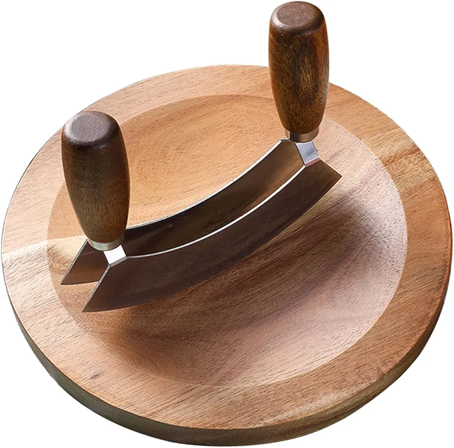 Salad Chopper With Round Wood Cutting Board - Mezzaluna Knife with Protective Cover and Anti-Slip Handle Stainless Steel Chopper Vegetable Cutter Onion Chopper Mincing Knife Pizza Cutter