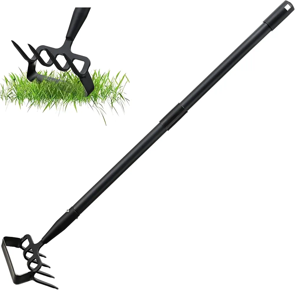 Houe de Jardin avec Râteau, Serfouette Binette Trident de Jardin pour Labourer et Désherber Le Sol, Cultivateur de Jardinage Manuel, Largeur 157cm Réglable