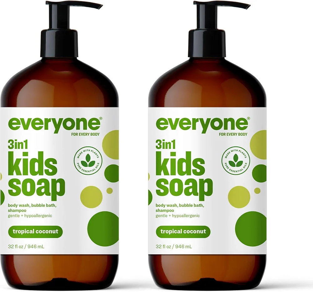 Everyone 3-in-1 Kids Soap, Body Wash, Bubble Bath, Shampoo, 32 Ounce (Pack of 2), Tropical Coconut Twist, Coconut Cleanser with Plant Extracts and Pure Essential Oils