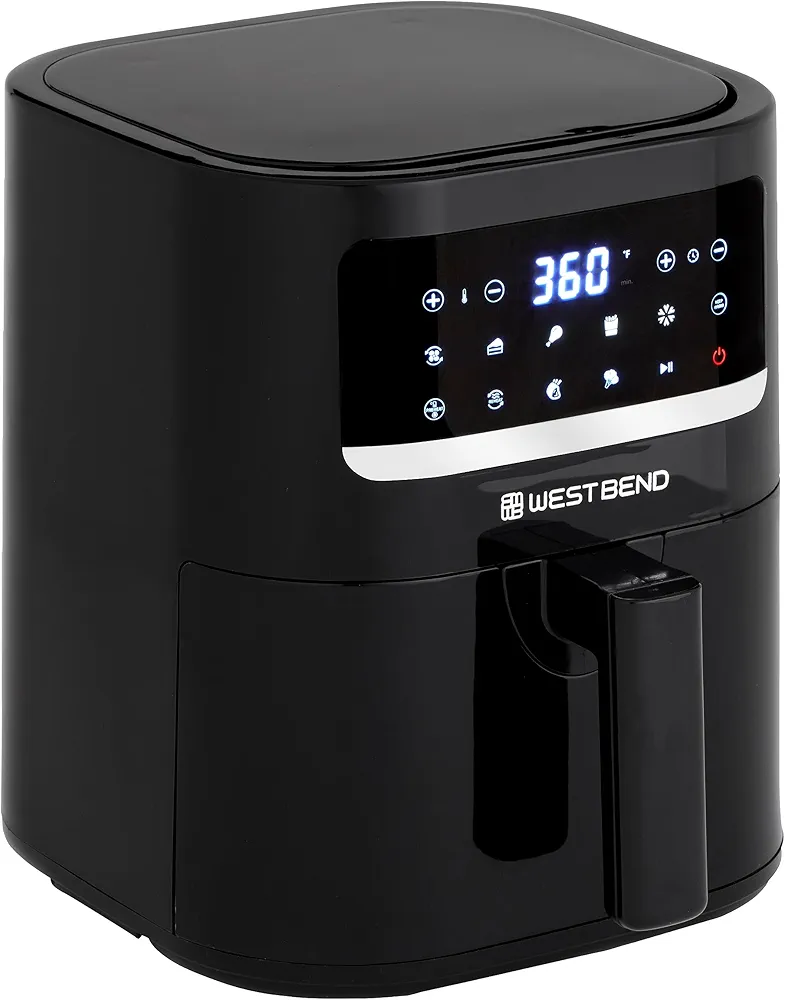 West Bend Compact Air Fryer 5-Quart Capacity with Digital Controls and 10 Cooking Presets, Nonstick Frying Basket, 1500-Watts, Black