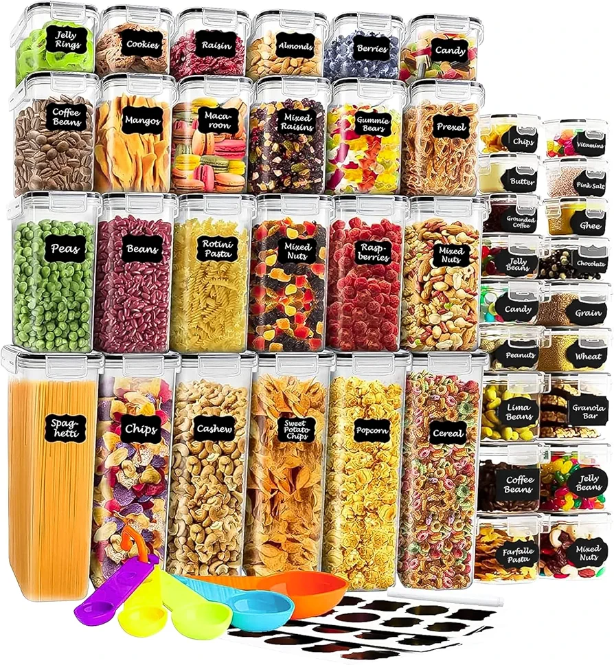 30 PACK Airtight Food Storage Containers Set with Lids for Kitchen & Pantry Organization - BPA-Free for Cereal, Pasta, Rice, Vegetables, Fruits & Flour - Markers and Labels Included