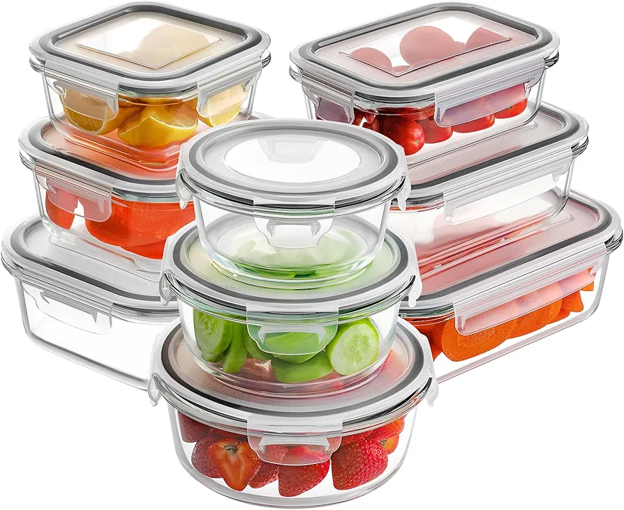 HOMBERKING Glass Food Storage Containers with Lids, [18 Piece] Glass Meal Prep Containers, Airtight Glass Lunch Bento Boxes, BPA-Free & Leak Proof (9 lids & 9 Containers) - Grey