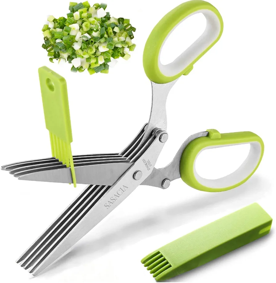 2023 Updated Herb Scissors Set - Herb Scissors With 5 Blades and Cover, Cool Kitchen Gadgets for Cutting Shredded Lettuce, Cilantro Fresh, Green Onion Fresh and etc. Also Can Used for Cutting Paper.