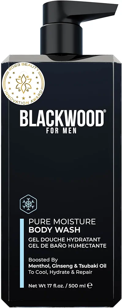 Blackwood For Men Pure Moisture Body Wash - Infused with Ginseng & Menthol - Natural Cleanser for Dry or Sensitive Skin - Ideal for Workout Recovery - Sulfate Free, Dye Free & Vegan (17 oz)