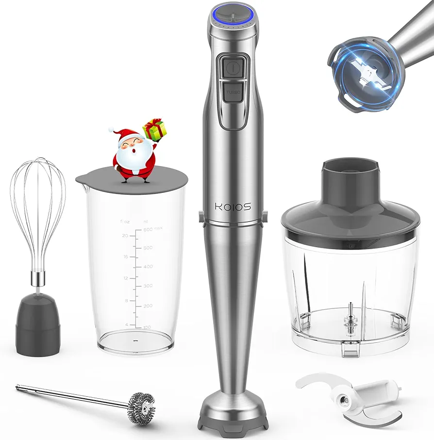 KOIOS 1100W Immersion Hand Blender, Stainless Steel Stick Blender with 12-Speed & Turbo Mode, 5-in-1 Handheld Blender with 600 ml Mixing Beaker with Lid, 500 ml Chopper, Whisk, Milk Frother, BPA-Free