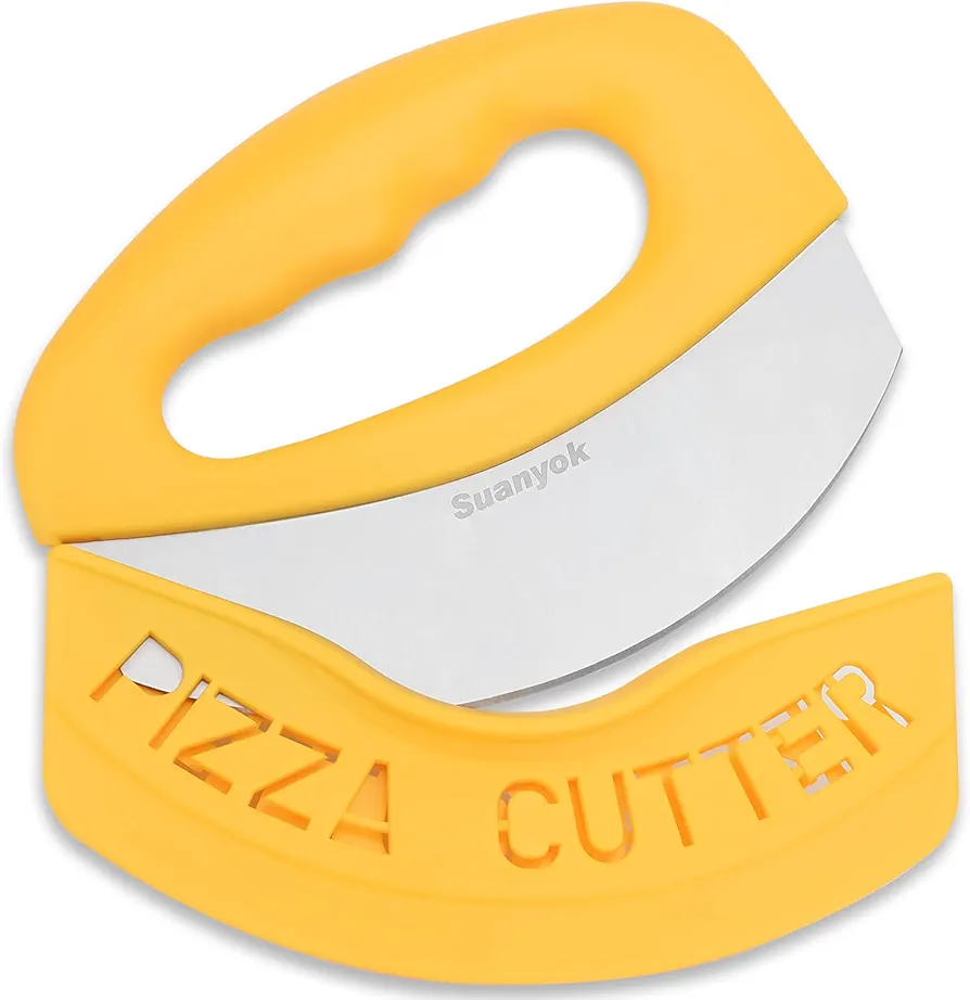 Premium Pizza Cutter Food Chopper-Super Sharp Blade Stainless Steel Pizza Cutter Rocker Slicer with Protective Sheath Multi Function Pizza Knife Kitchen Tools,Dishwasher Safe (Yellow)