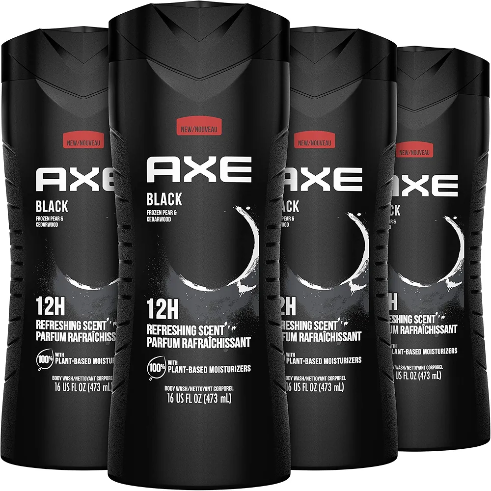 AXE Body Wash Black 4 Count 12h Refreshing Scent Cleanser Frozen Pear & Cedarwood Men's Body Wash with 100% Plant-Based Moisturizers 16 oz