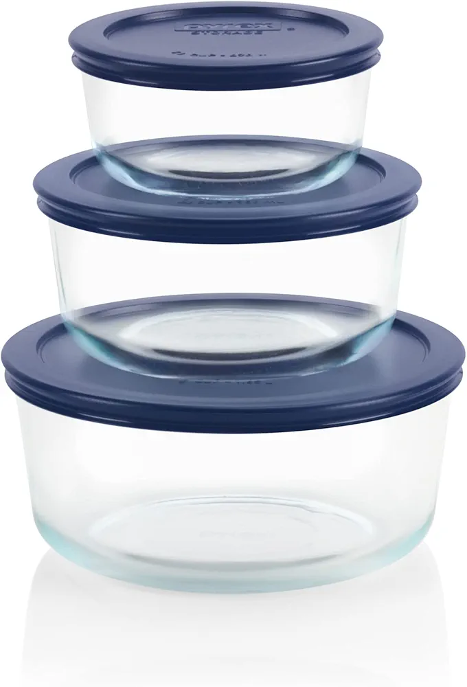 Pyrex Simply Store 3-Pack (2, 4 & 7 Cup) Large Round Glass Food Storage Set with BPA-Free Lids, Dishwasher, Microwave & Freezer Safe