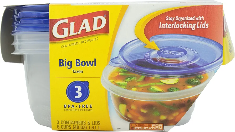 Glad Ware Big Bowl Containers with Lids, Round Size, 3 ct, 48 ounce