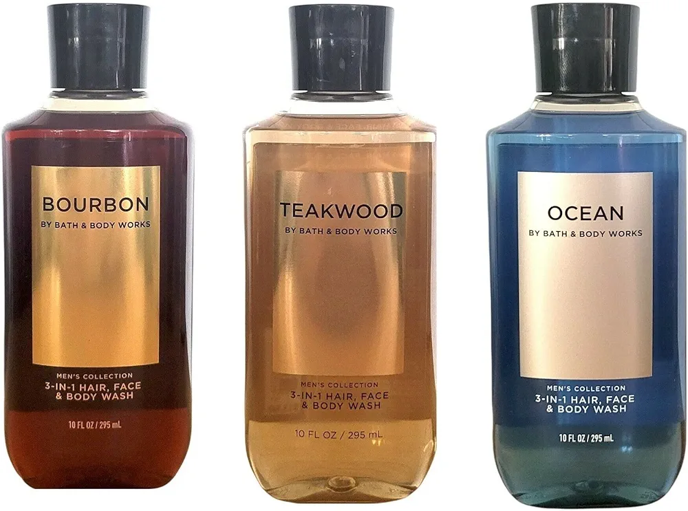 Bath and Body Works 3 Pack 2-in-1 Hair + Body Wash Teakwood, Ocean and Bourbon. 10 Oz.