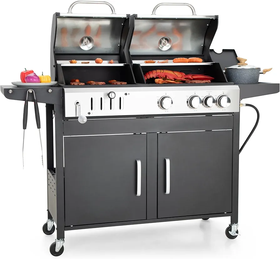 Captiva Designs Propane Gas Grill and Charcoal Grill Combo with Side Burner & Porcelain-Enameled Cast Iron Grate, Dual Fuel BBQ Grill for Outdoor Kitchen & Backyard Barbecue, 690 SQIN Cooking Area