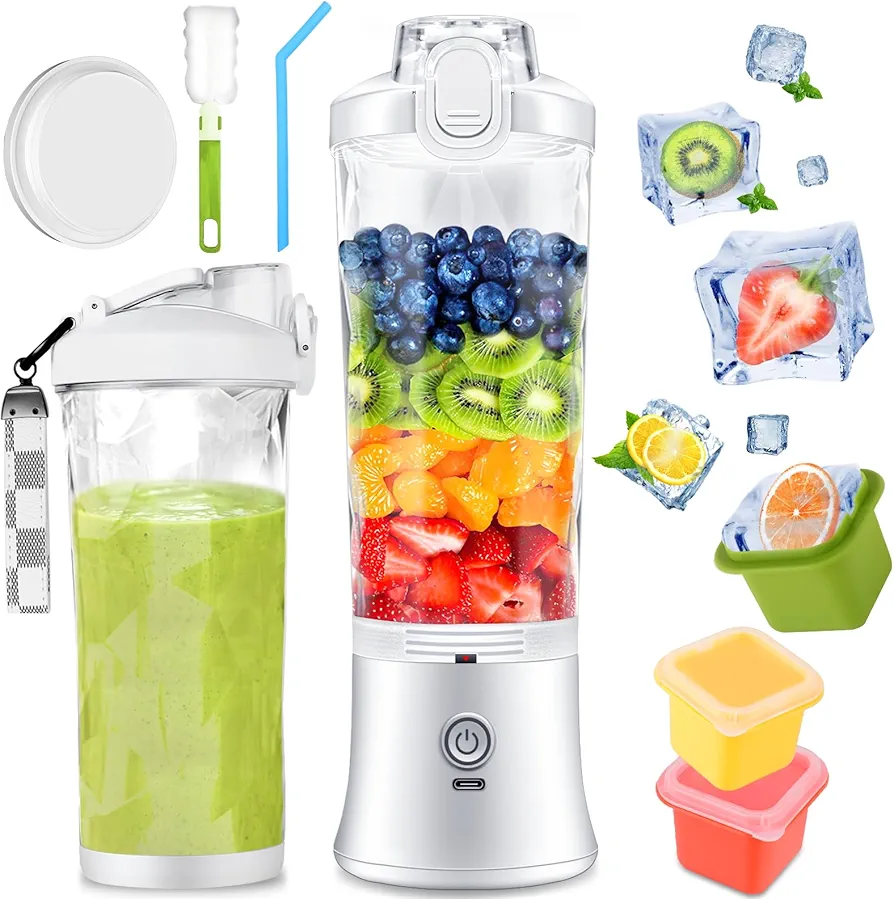 Portable Blender Personal Blender - Kitchen 21oz USB Rechargeable 4000mAh Large Battery with 6 Blades for Smoothies Shakes Baby Food and Proteins - Full-Size Appliances (White)