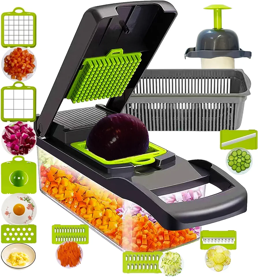 Multifunctional15-in-1 vegetable chopper With container, Pro food Vegetable Chopper and Slicer， Onion Chopper,Veggie Chopper, Vegetables Cutter, Slicer Dicer Cutter ，Easy to Clean