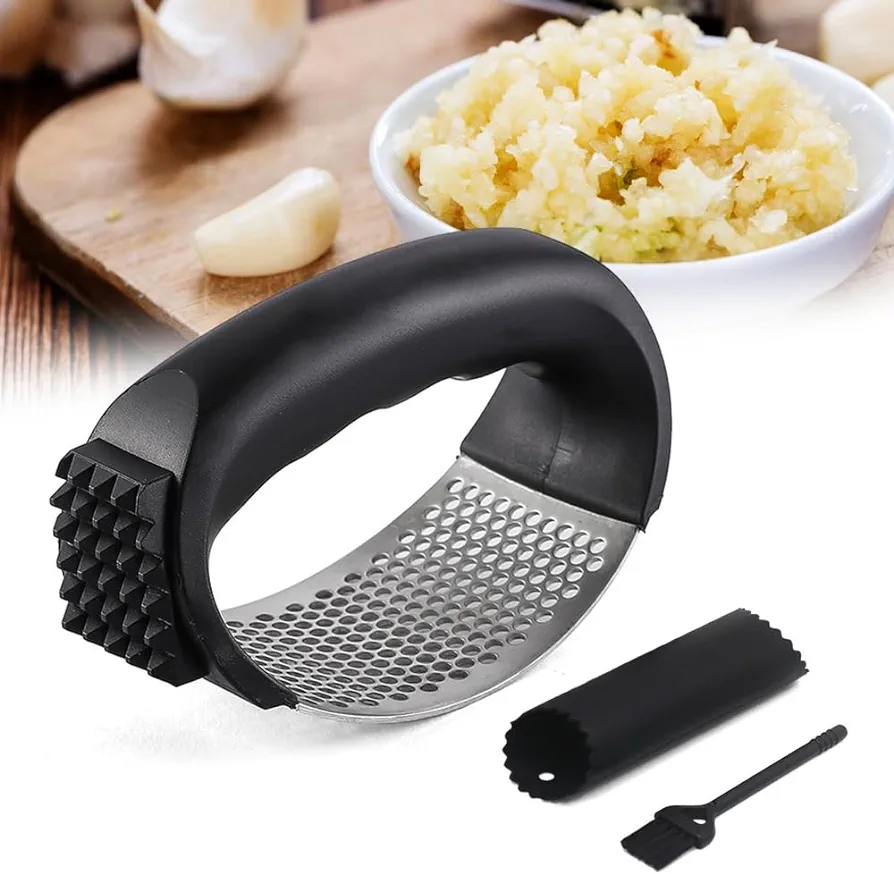 2024 Upgraded Garlic Press Rocker, Stainless Steel Garlic Presser Rocker Crusher Masher with Peeler and Cleaning Brush, Portable Garlic Mincer Garlic Crusher Kitchen Gadgets Tools (A)