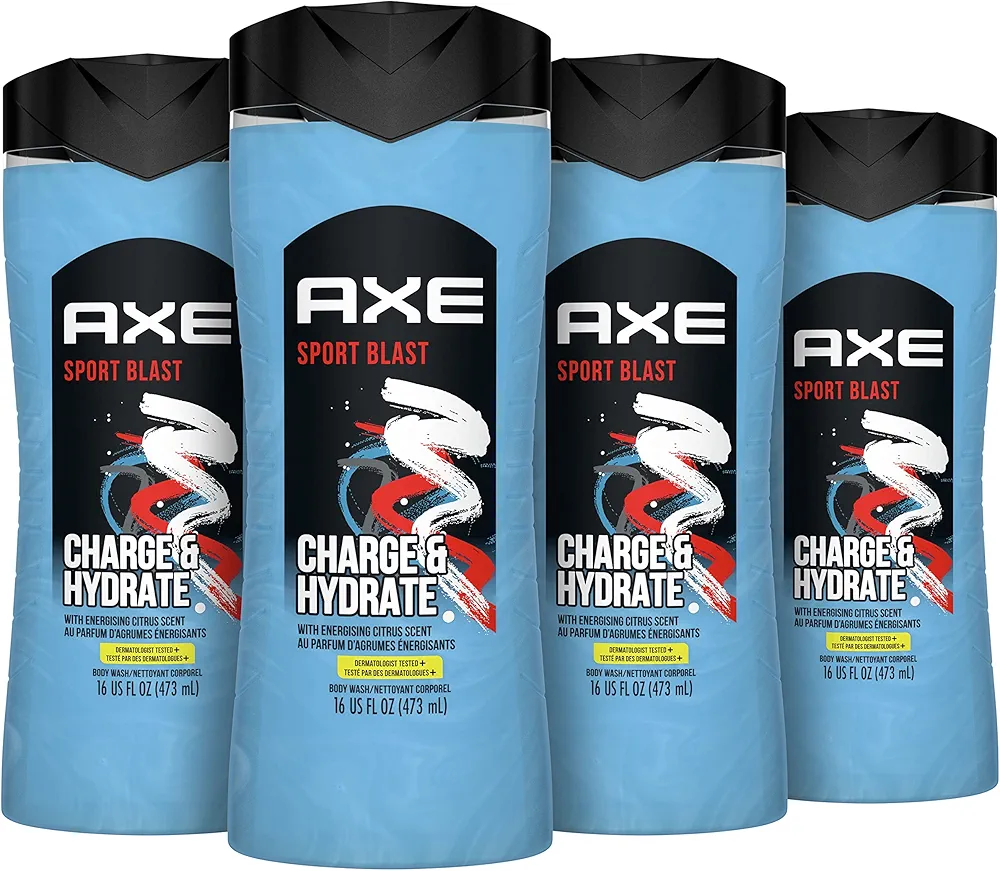 Axe Body Wash Charge & Hydrate Sports Blast Energizing Citrus Scent Men's Body Wash, 100 percent Recycled Bottle 16 oz 4 Count