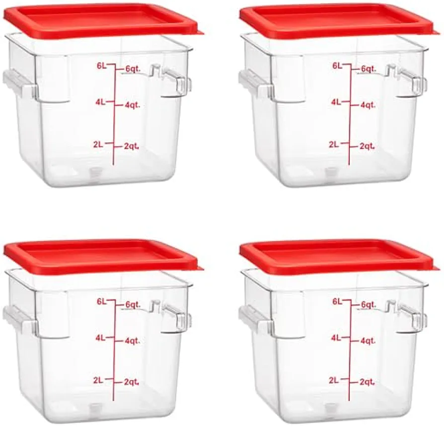 Tiger Chef 6 Quart Commercial Grade Clear Food Storage Square Polycarbonate Containers With Red Lids 4 Pack