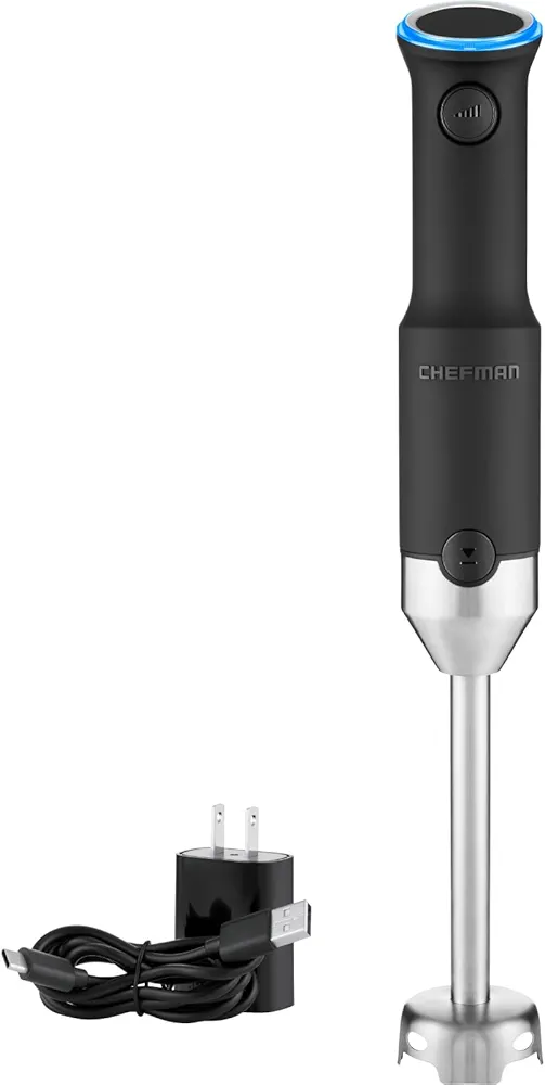 Chefman Cordless Power Portable Immersion Blender, Ice Crushing Power with One-Touch Speed Control, USB Charging, Quickly Mixes Smoothies, Purees Soups, Dips, Sauces, Storage Case, Stainless Steel