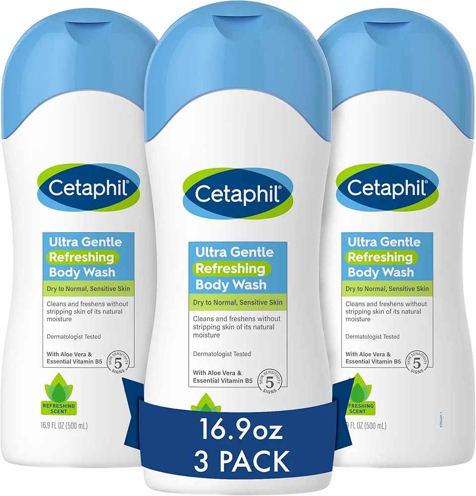 Cetaphil Ultra Gentle Refreshing Body Wash, Refreshing Scent For Dry to Normal, Sensitive Skin, 16.9oz Pack of 3, with Aloe Vera, Calendula, Vitamin B5, Hypoallergenic, Dermatologist Tested