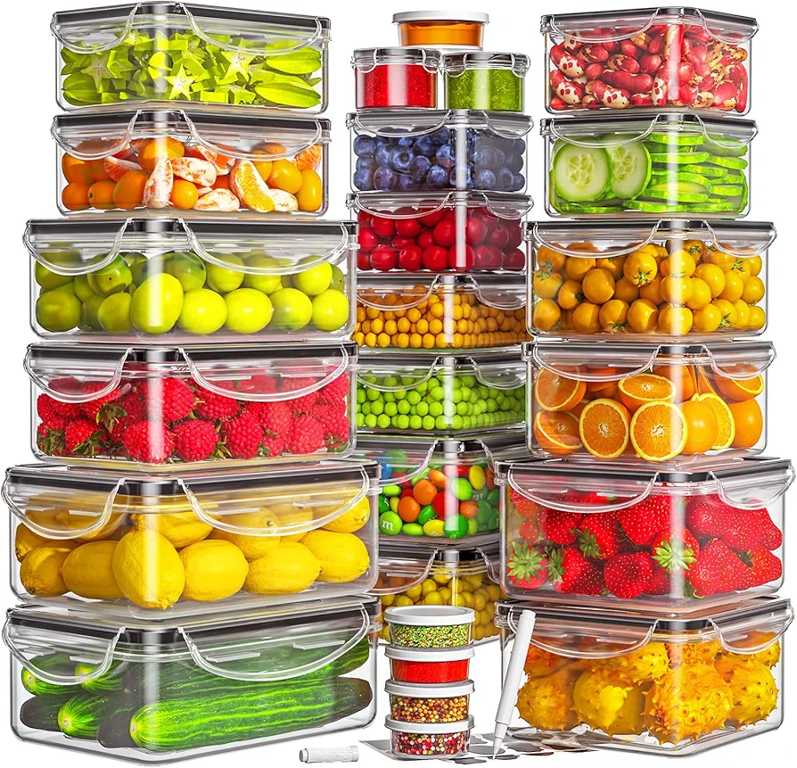 50-Piece Food Storage Containers with Lids (25 Containers & 25 Lids), Airtight Reusable Meal Prep Containers for Lunch, Plastic Kitchen Storage Containers with Labels & Marker Pen