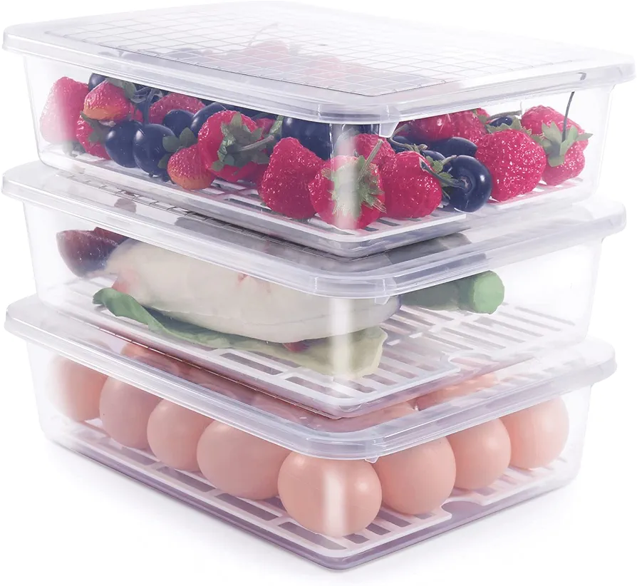 77L Food Storage Container, (3-Pack) Plastic Food Containers with Removable Drain Plate and Lid, Stackable Portable Freezer Storage Containers - Tray to Keep Fruits, Vegetables, Meat and More (Large)