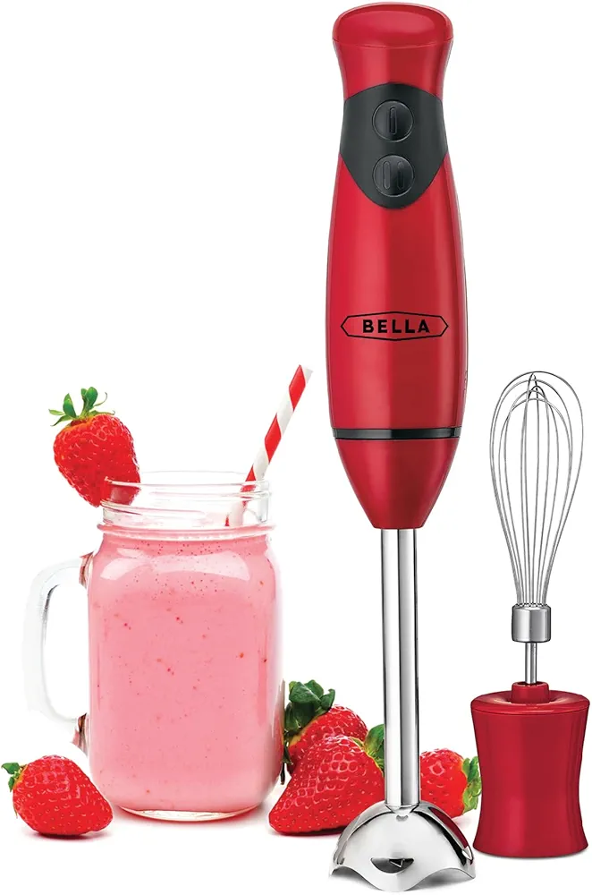 BELLA Immersion Hand Blender, Portable Mixer with Whisk Attachment - Electric Handheld Juicer, Shakes, Baby Food and Smoothie Maker, Stainless Steel, Red