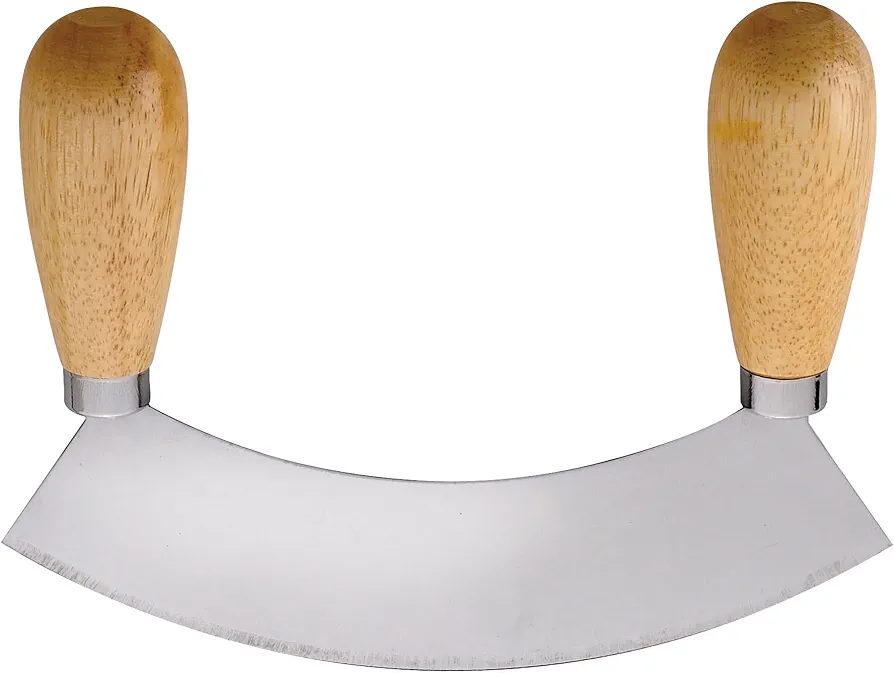 HIC Kitchen Mezzaluna Rocking Chopper and Mincing Knife with Double Handles, Stainless Steel and Rubberwood