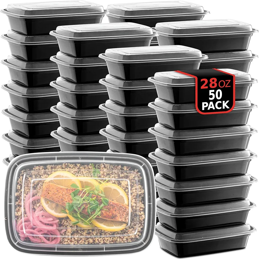 50-Pack Reusable Meal Prep Containers Microwave Safe Food Storage Containers with Lids, 28 oz - 1 Compartment Take Out Disposable Plastic Bento Lunch Box To Go, BPA Free - Dishwasher & Freezer Safe