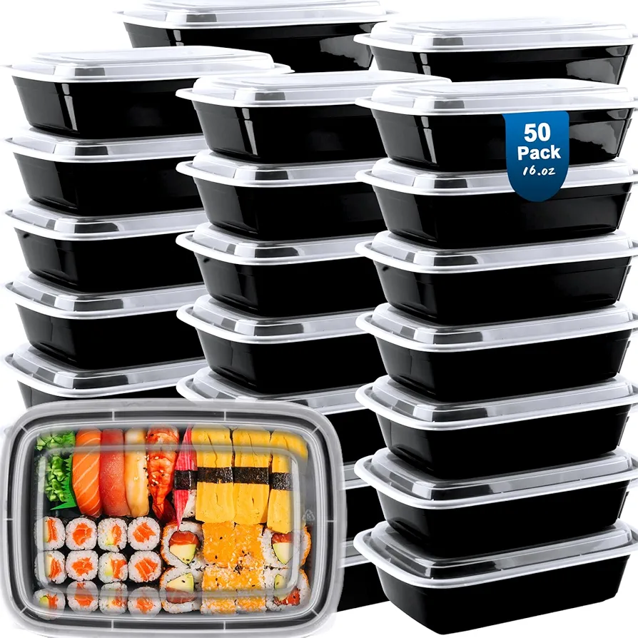 Meal Prep Containers Reusable 50 Pack - 16 oz plastic food containers with lids, To Go Food Containers BPA-Free, To Go Containers With Lids Microwave, Dishwasher, Freezer Safe