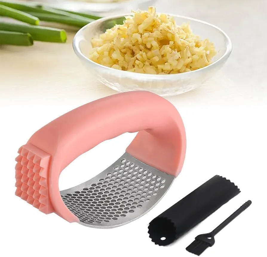 Stainless Steel Garlic Press, Garlic Chopper Garlic Press Rocker Set with Peeler, Garlic Mincer Crusher Masher with Peeler and Cleaning Brush, Garlic Chopper for Smash Garlic Kitchen Tools (Pink)