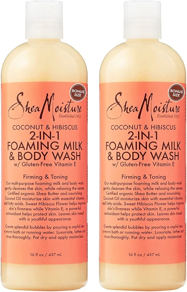 Shea Moisture Body Wash Moisturizing, Gluten Free Coconut & Hibiscus Foaming Milk & Body Wash Sensitive Skin, Coconut Oil, Vitamin E, Certified Organic Shea Butter, Family Size (2 Pack-16 Fl Oz Ea)