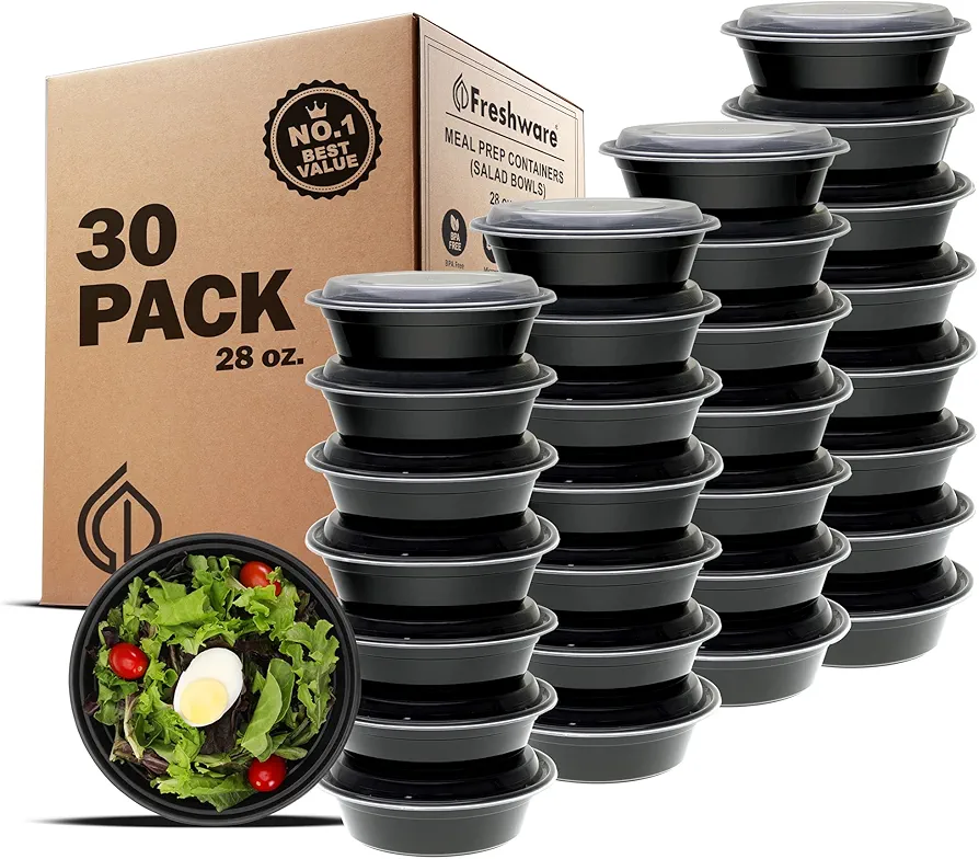 Freshware Meal Prep Bowl Containers [30 Pack] Plastic Bowls with Lids for Soup and Salad, Food Storage Bento Box, BPA Free, Stackable, Lunch Boxes, Microwave/Dishwasher/Freezer Safe (28 oz)