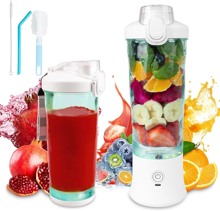 Smoothie Blender, Personal Blender for Shakes and Smoothies with 6 Blades, 600ML BPA Free Portable Blender Cup with Lid and Rechargeable USB, Mini Blender for Home, Gym, Travel, Office