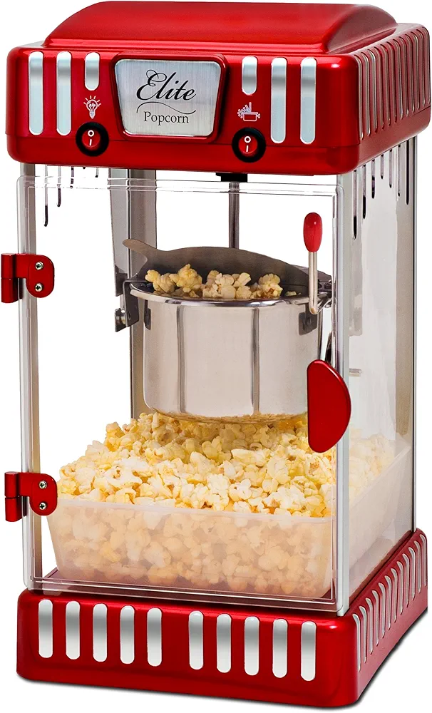 Elite Gourmet EPM-250 Maxi-Matic 2.5 Ounce Classic Carnival, Tabletop Kettle Popcorn Popper Machine, Retro-Style, Movie Hot Buttered Popcorn, Red