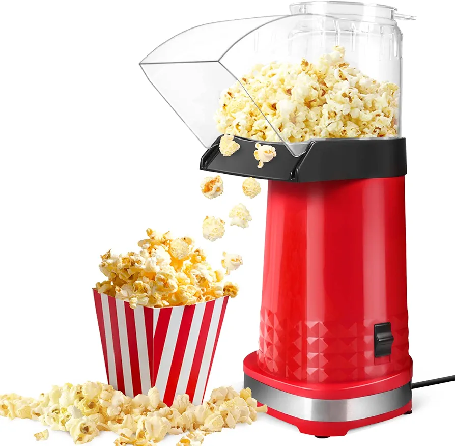 Hot Air Popcorn Maker, 1200W Electric Popcorn Machine, No Oil Need, 3 Minutes Fast Popcorn Popper with Measuring Cup and Removable Cover for Home, Party and Gift (Red)