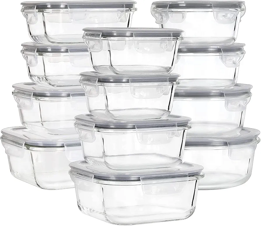 Glass Food Storage Containers with Lids, [24 Piece] Meal Prep Containers, Airtight Glass Bento Boxes, BPA Free & Leak Proof (12 lids & 12 Containers)-Grey