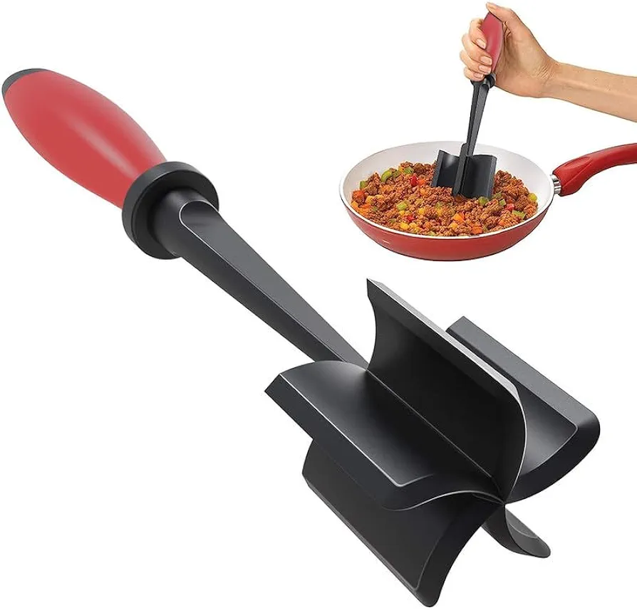 Meat Chopper, Heat Resistant Meat Masher for Ground Beef, Hamburger Meat, 5 Curve Blade Hamburger Chopper, Ground Meat Smasher Ground Beef Chopper, Mix and Chop Kitchen Tool, Red Handle