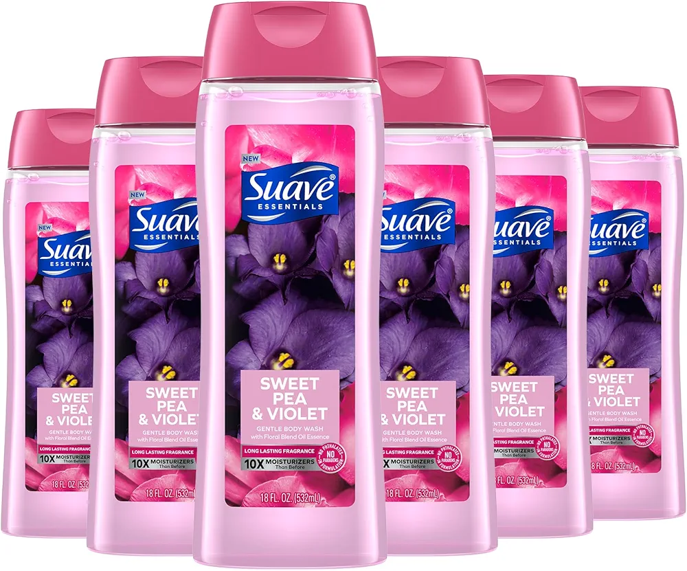 Suave Moisturizing Body Wash, with Sweet Pea Violet and Vitamin E Extract, No Parabens, No Phtahaltes, 18 Fl Oz (Pack of 6)