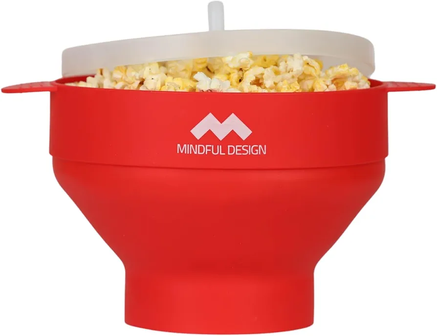 The Original Mindful Design Microwave Popcorn Popper - Silicone Bowl, BPA-Free & Dishwasher Safe (Red)