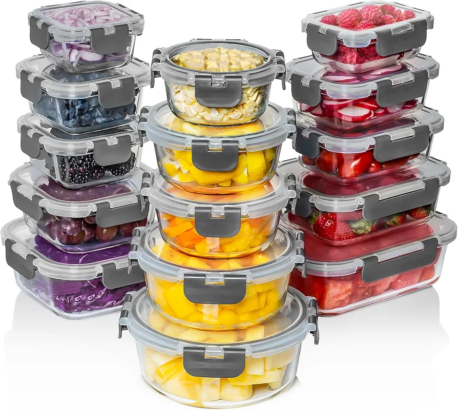 Razab 30 PC Glass Food Storage Containers with Lids - Reusable Glass Meal Prep Containers for Lunch & Leftovers - Airtight & Leakproof Snap Locking Lids - Oven, Freezer, Microwave & Dishwasher Safe