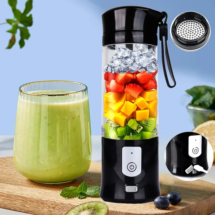 Portable Personal Blender,13OZ Cordless Juicer Cup,Serrated 6 Blade,with Filter,USB Rechargeable and Self Cleaning,Ideal for Smoothies,Ice Blending,Juicing, Mini Blender for Travel Sports Outgoing