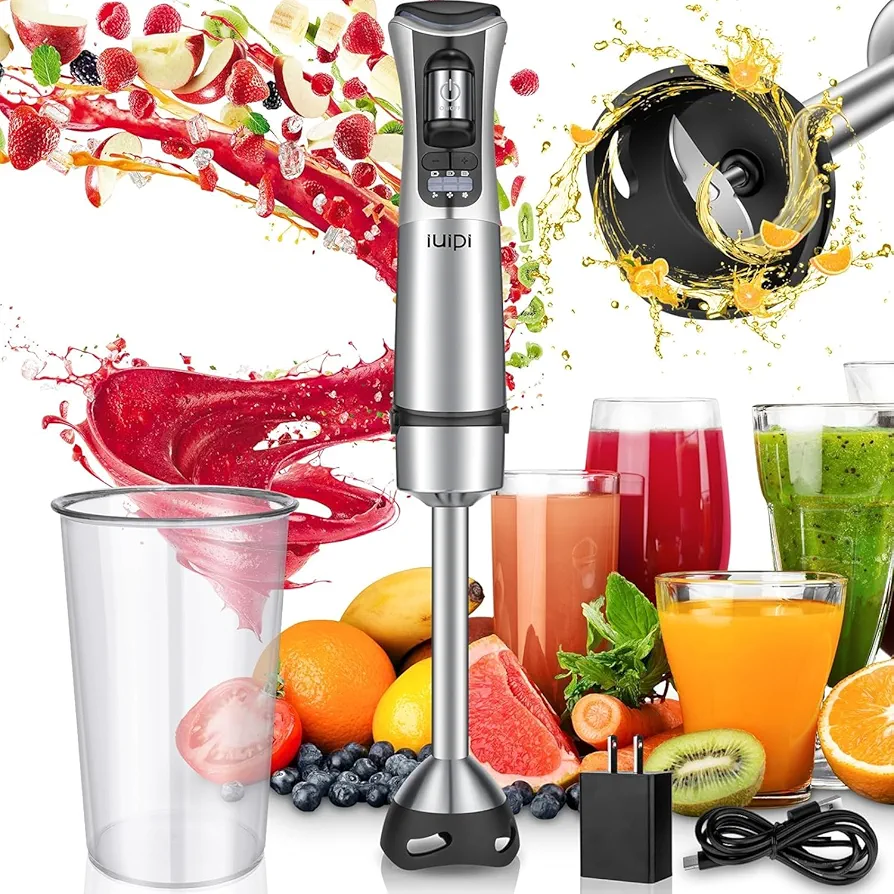 Cordless Hand Blender, IUIPI Variable Speed Immersion Blender, Rechargeable Portable Hand Blender with 304 Stainless Steel and 800ml Cup, Can be used in soups, smoothies, baby food, gifts