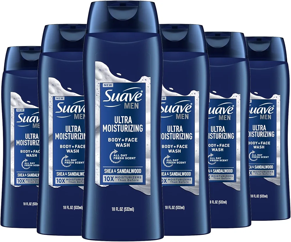 Suave Men Ultra Moisturizing Body & Face Wash, Shea & Sandlwood Scent, No Parabens, No Phtahaltes, 18 Oz Pack of 6