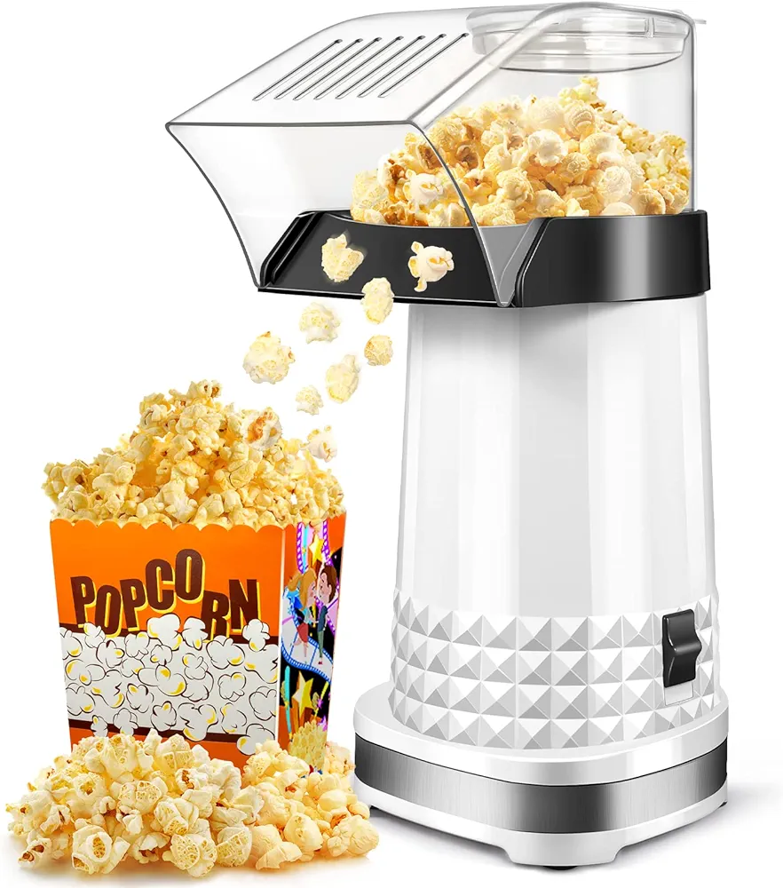 Vminno Quick & Easy Hot Air Popcorn Popper Maker with Measuring Cup + Melts Butter, 4.5 Quarts, Etl Certified, No Oil Electric Popcorn Machine with On/Off Switch for Family Movie Nights (White)