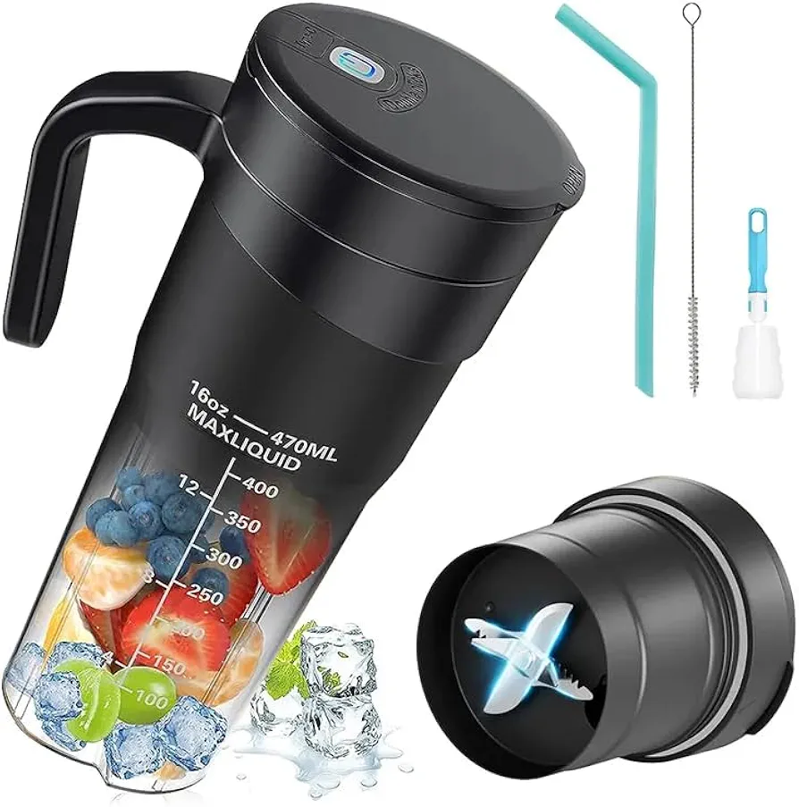 Portable smoothy blender Shakers Travel-Friendly USB Rechargeable Personal Size Cordless Blender |Single serve blender Cup for Gym - On the go Smoothie blender| Ideal for Protein Shaker 16 oz (Black)