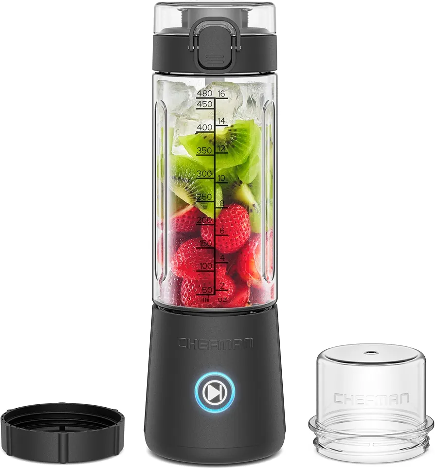 Chefman Cordless Portable Blender for Smoothies and Shakes, BPA-Free 16 oz Blending Jar w/Stainless-Steel Blades, USB-C Rechargeable with Color-Changing LEDs, Dishwasher-Safe Accessories - Black